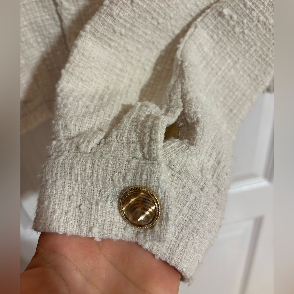Zara Tweed Textured Gold Buttons Pockets Spring Cream Blazer Jacket Size Large - Picture 8 of 11